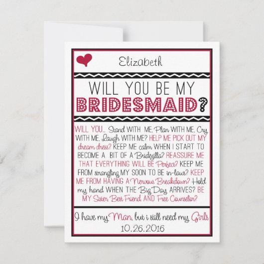 Bist du meine Bridesmaid? Rot-/Schwarz-Collage-Kar Einladung (Vorderseite)