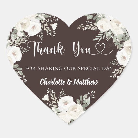 Bistre braune weiße Blumen Herz danke Ihnen Hochze Herz-Aufkleber (Vorderseite)