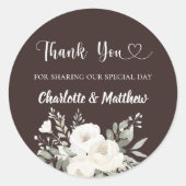 Bistre braune weiße Blumen Herz danke Ihnen Hochze Runder Aufkleber (Vorderseite)
