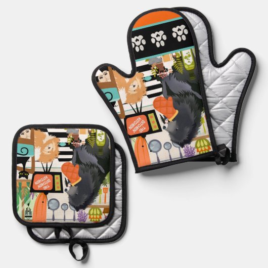BITCHEN KITCHEN cute dog cooking Ofenhandschuh & Topflappen-Set (Vorderseite/Rückseite)