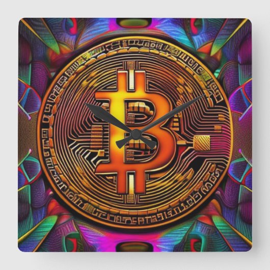 Bitcoin BTC Kryptowährung Art Quadratische Wanduhr (Vorderseite)