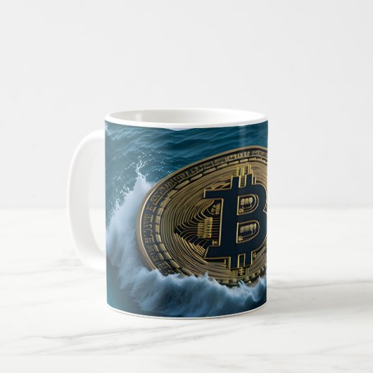 Bitcoin Münze in den Wellen Kaffeetasse (Vorderseite Links)