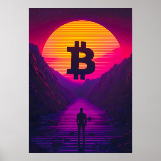 Bitcoin Neon Retro Sunset Poster (Vorne)