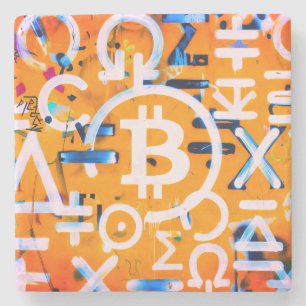Bitcoin-Straßenkunst (Oranges Gemälde Nr. 3) Steinuntersetzer