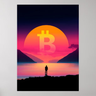 Bitcoin Symbol Retro-Sonnenuntergang 80er Poster