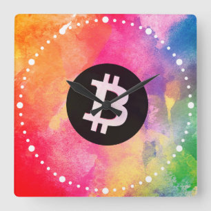 Bitcoin Wasserfarbe (Stil 1 - Genesis) Quadratische Wanduhr
