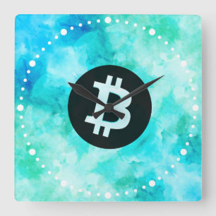 Bitcoin-Wasserfarbe (Stil 3 - Strandleben) Quadratische Wanduhr