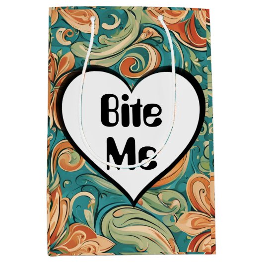 Bite me Funny Heart Wirbles Retro Design Mittlere Geschenktüte (Vorderseite)