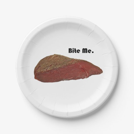 Bite Me Funny Steak Beef Pun Joke Pappteller (Vorderseite)