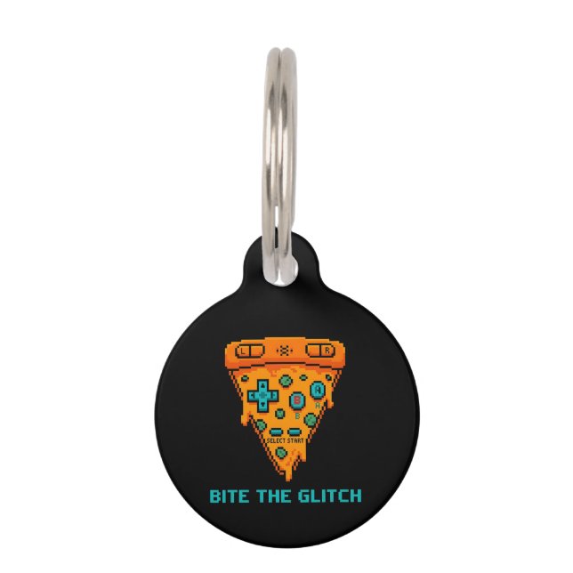 Bite the Glitch Retro 8-Bit Pixel Pizza Gamer Haustiermarke (Vorderseite)