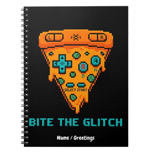 Bite the Glitch Retro 8-Bit Pixel Pizza Gamer Notizblock (Vorderseite)