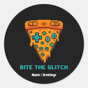 Bite the Glitch Retro 8-Bit Pixel Pizza Gamer Runder Aufkleber