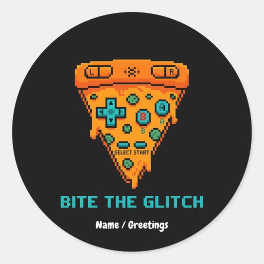 Bite the Glitch Retro 8-Bit Pixel Pizza Gamer Runder Aufkleber (Vorderseite)
