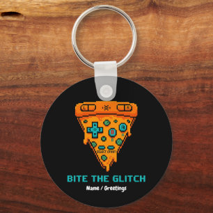 Bite the Glitch Retro 8-Bit Pixel Pizza Gamer Schlüsselanhänger