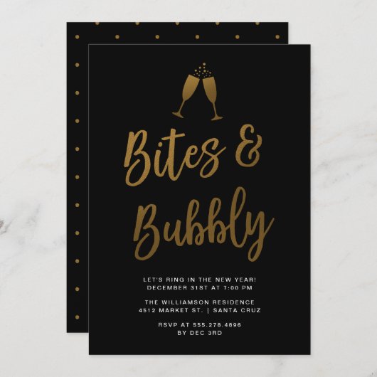 Bites & Bubbly | Gold Script New Year Party Einladung (Vorne/Hinten)