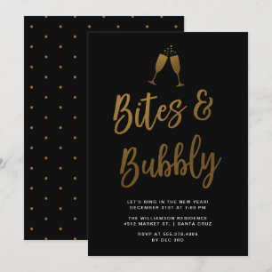 Bites & Bubbly Gold Script New Year Party Einladung