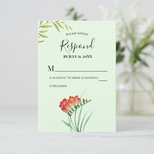 Bitte antworten Sie auf Orange Crocosmia Lucifer RSVP Karte (Stehend Vorderseite)