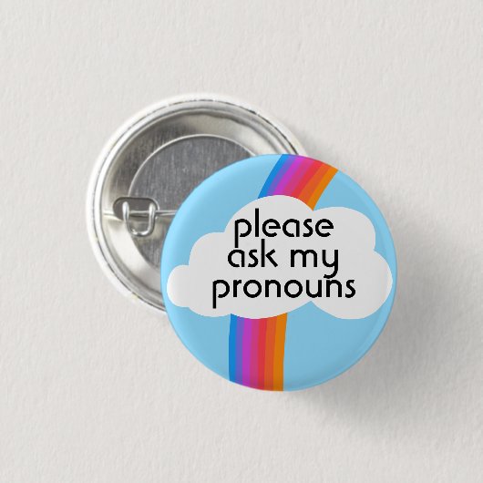 Bitte Frag meine Pronouns farbenfrohe Regenbogenwo Button (Vorne & Hinten)