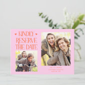 Bitte reservieren Sie 2-Foto Orange Rosa Hochzeit Save The Date (Stehend Vorderseite)