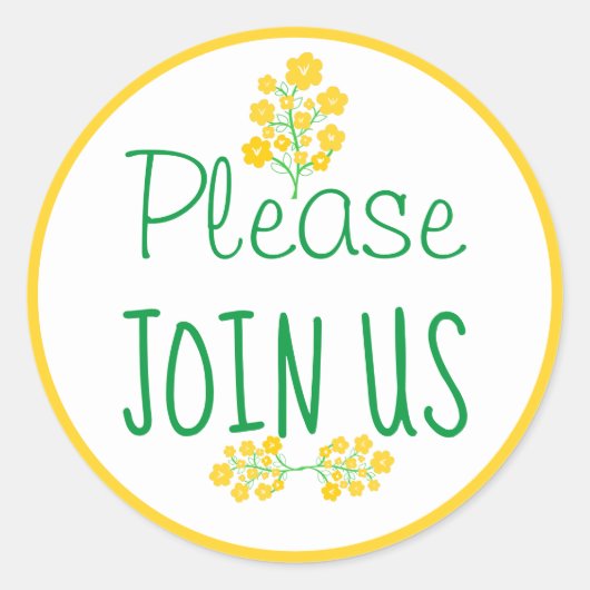 Bitte treten Sie uns bei Yellow Blume Party bei Runder Aufkleber (Vorderseite)