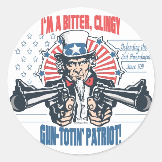 Bitter, Clingy Gun Toting Patriot Uncle Sam Gear Runder Aufkleber (Vorderseite)
