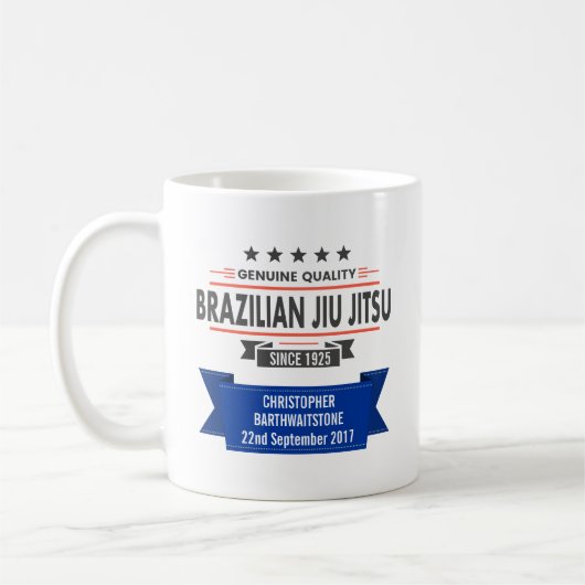 BJJ Blauer Gürtel mit Namen und Datum der Auszeich Kaffeetasse (Links)