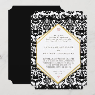 Blaack & Gold LoveBird Vintage Damast Hochzeit Einladung