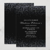 Black 100. Geburtstag Einladungen Silver Glitzer (Vorne/Hinten)
