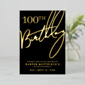 Black 100th Birthday Gold Folieneinladung (Stehend vorne)
