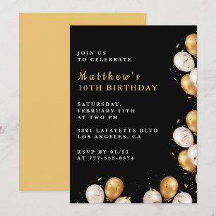 Black 10. Geburtstag Einladungen Gold Balloon Boy