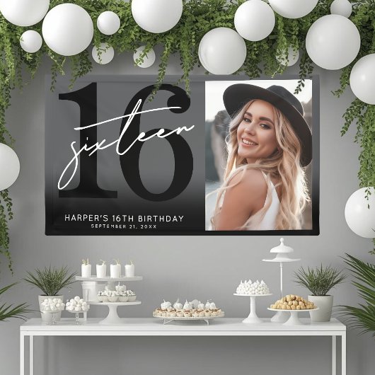 Black 16th Birthday Party Banner