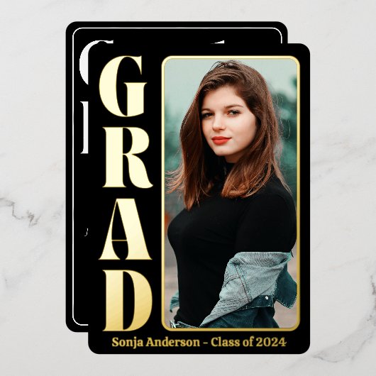 Black 1 Foto Modernes Grad Party Folieneinladung (Vorderseite/Rückseite)