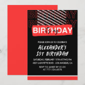 Black 1. Geburtstag Einladung Junge Party Red (Vorne/Hinten)