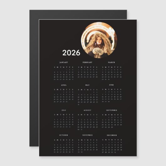 Black 2026 Calendar Round Photo Magnet Card (Vorne/Hinten)
