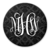 Black 2 Tone Damask #3 Vinci Script Monogram Keramikknauf (Vorderseite)