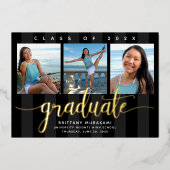 Black 3 Foto Abschluss moderne Drehbuch Echtgold Folieneinladung (Vorderseite)