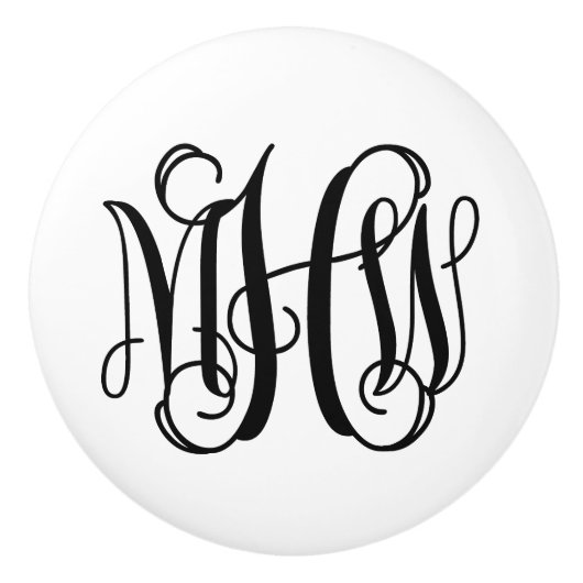 Black 3 Initial Vine Script Monogram DIY BG Keramikknauf (Vorderseite)