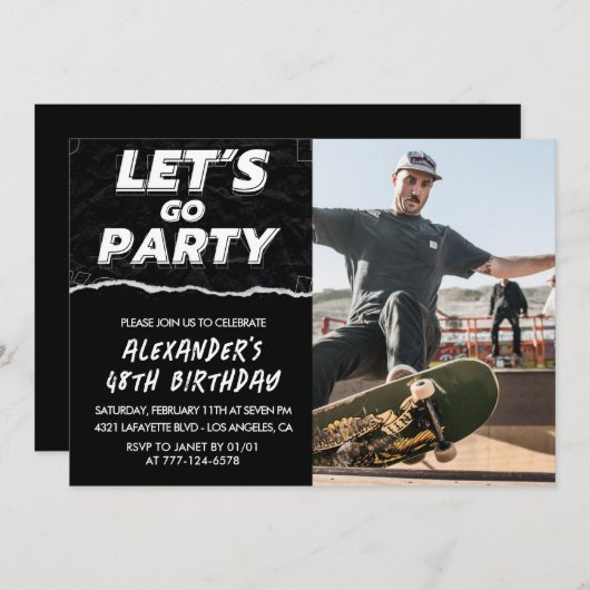 Black 48. Geburtstag Einladungen Männer Foto (Vorne/Hinten)