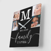 Black 4 Foto Collage Familienname Zitat Monogramm Quadratische Wanduhr (Winkel)