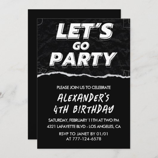 Black 4. Geburtstag Einladung Junge White (Vorne/Hinten)