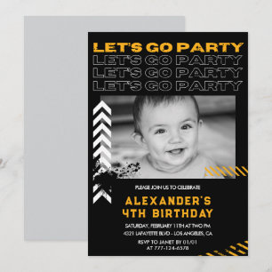 Black 4. Geburtstag Einladungen Boy Foto Spray