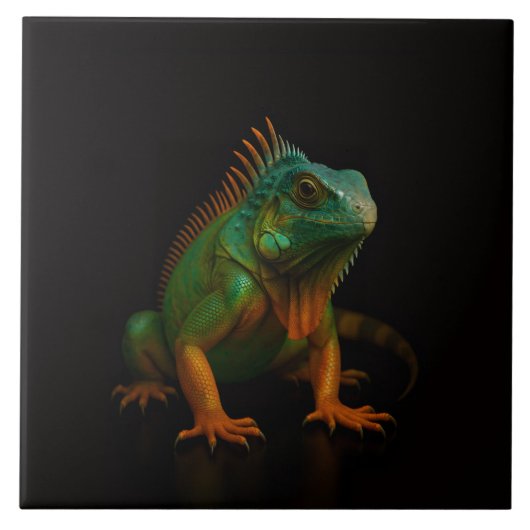 Black 4 Luxe Tile with Green Iguana Fliese (Vorderseite)