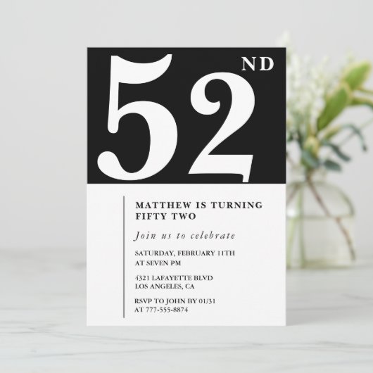 Black 52. Geburtstagseinladung Elegant Chic Einfac Einladung (Stehend Vorderseite)