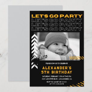 Black 5. Geburtstag Einladungen Boy Foto Spray