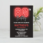 Black 60. Geburtstagseinladungen Männer Neon Einladung (Stehend Vorderseite)