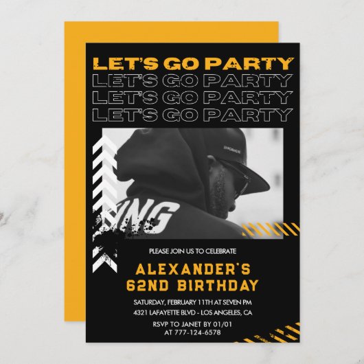 Black 62. Geburtstag Einladungen Männer Foto Spray (Vorne/Hinten)