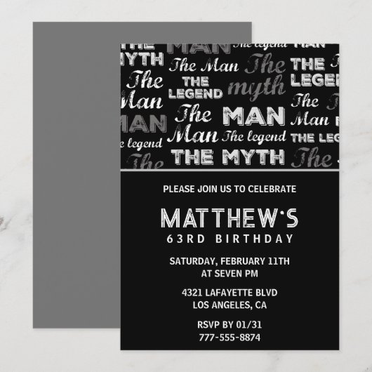Black 63. Geburtstagseinladung für ihn Myth Legend Einladung (Vorne/Hinten)