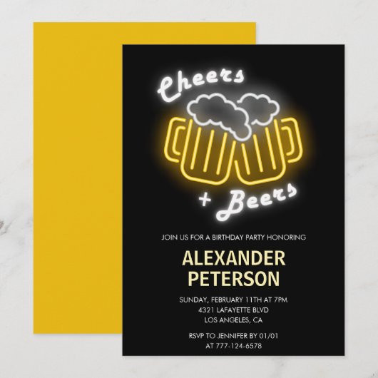 Black 65. Geburtstag Einladungen Beer Neon (Vorne/Hinten)