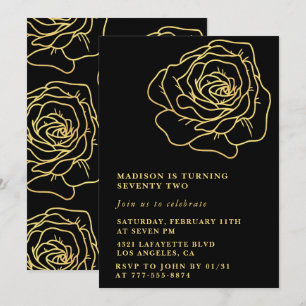 Black 72. Geburtstag Einladungen Gold Floral