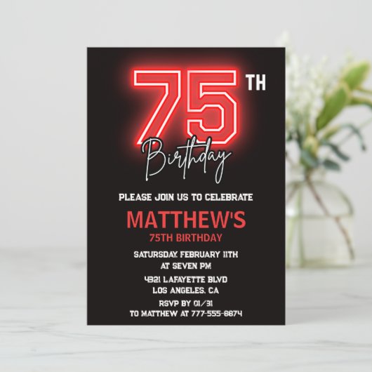 Black 75. Geburtstag Einladungen Männer Neon (Stehend Vorderseite)